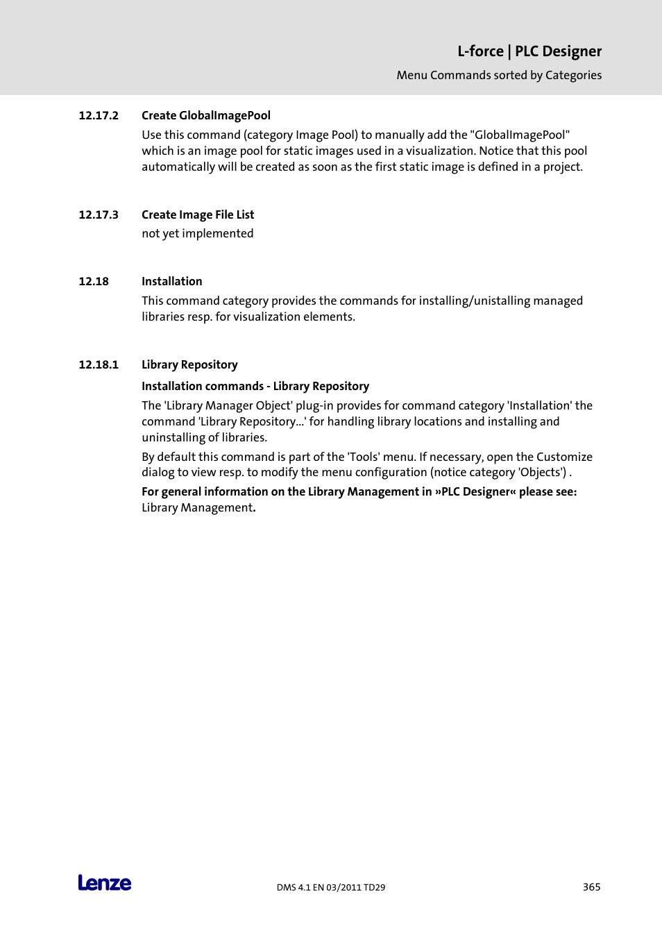 Create globalimagepool, Create image file list, Installation | Library repository, Installation commands - library repository, L-force | plc designer | Lenze PLC Designer PLC Designer (R3-1) User Manual | Page 367 / 1170