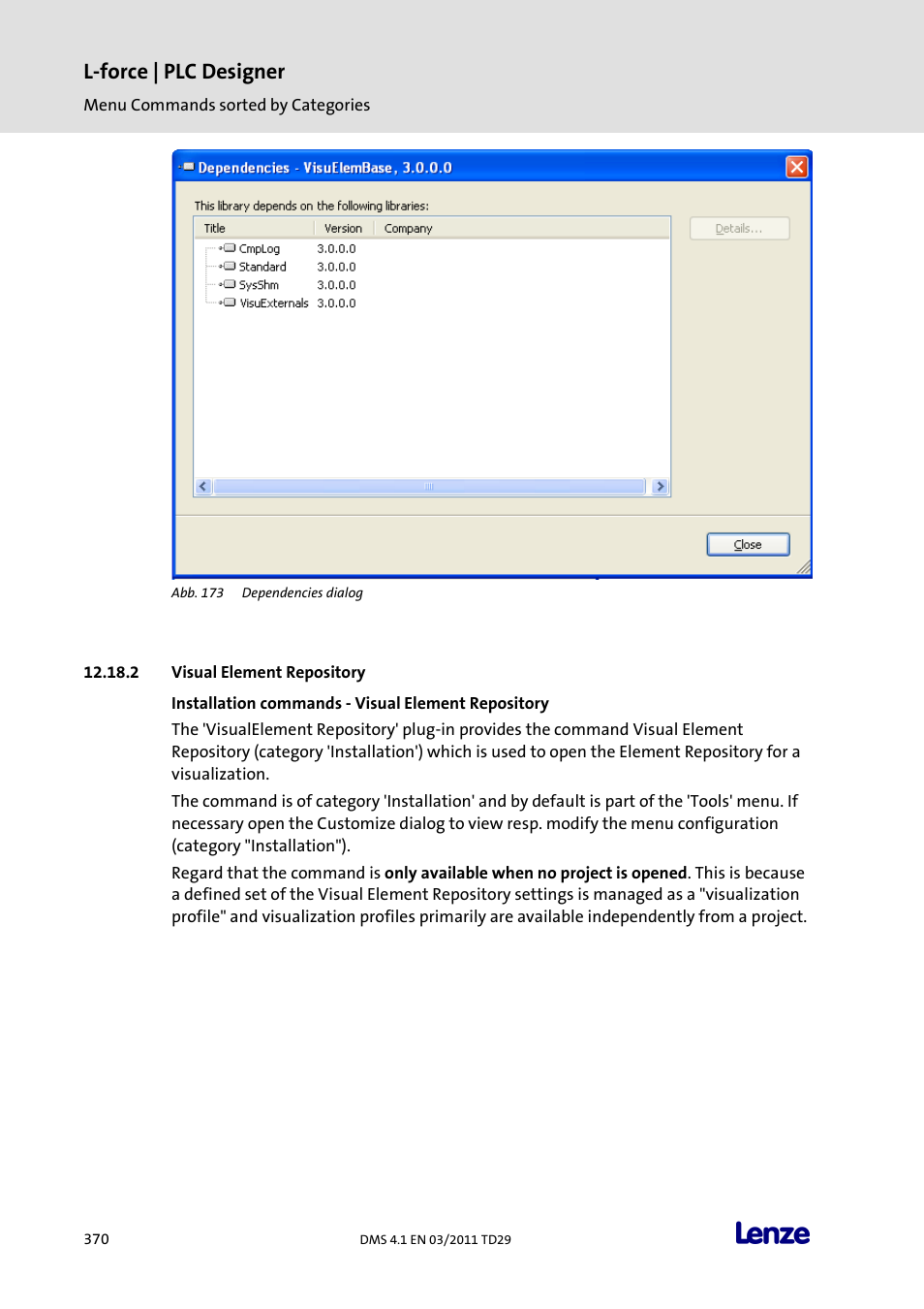 Visual element repository, Installation commands - visual element repository, L-force | plc designer | Lenze PLC Designer PLC Designer (R3-1) User Manual | Page 372 / 1170