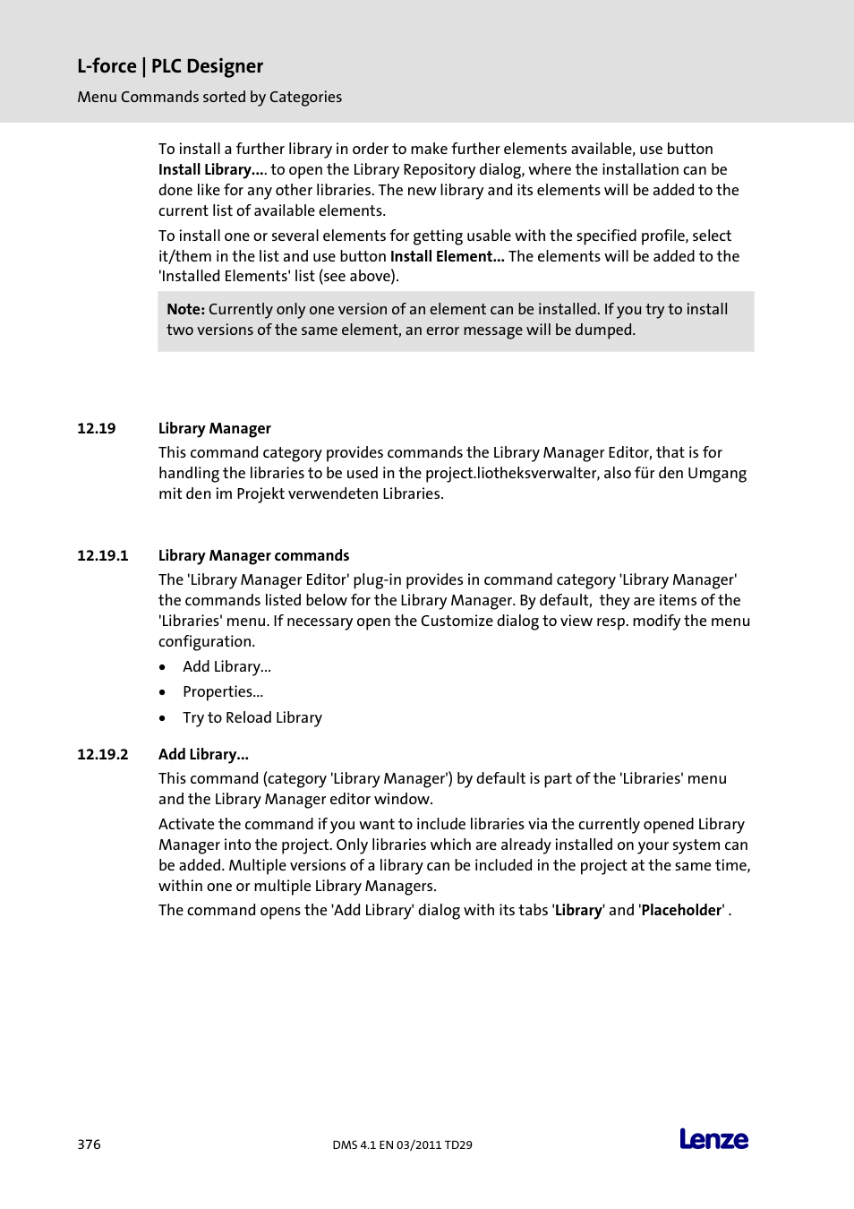 Library manager, Library manager commands, Add library | L-force | plc designer | Lenze PLC Designer PLC Designer (R3-1) User Manual | Page 378 / 1170