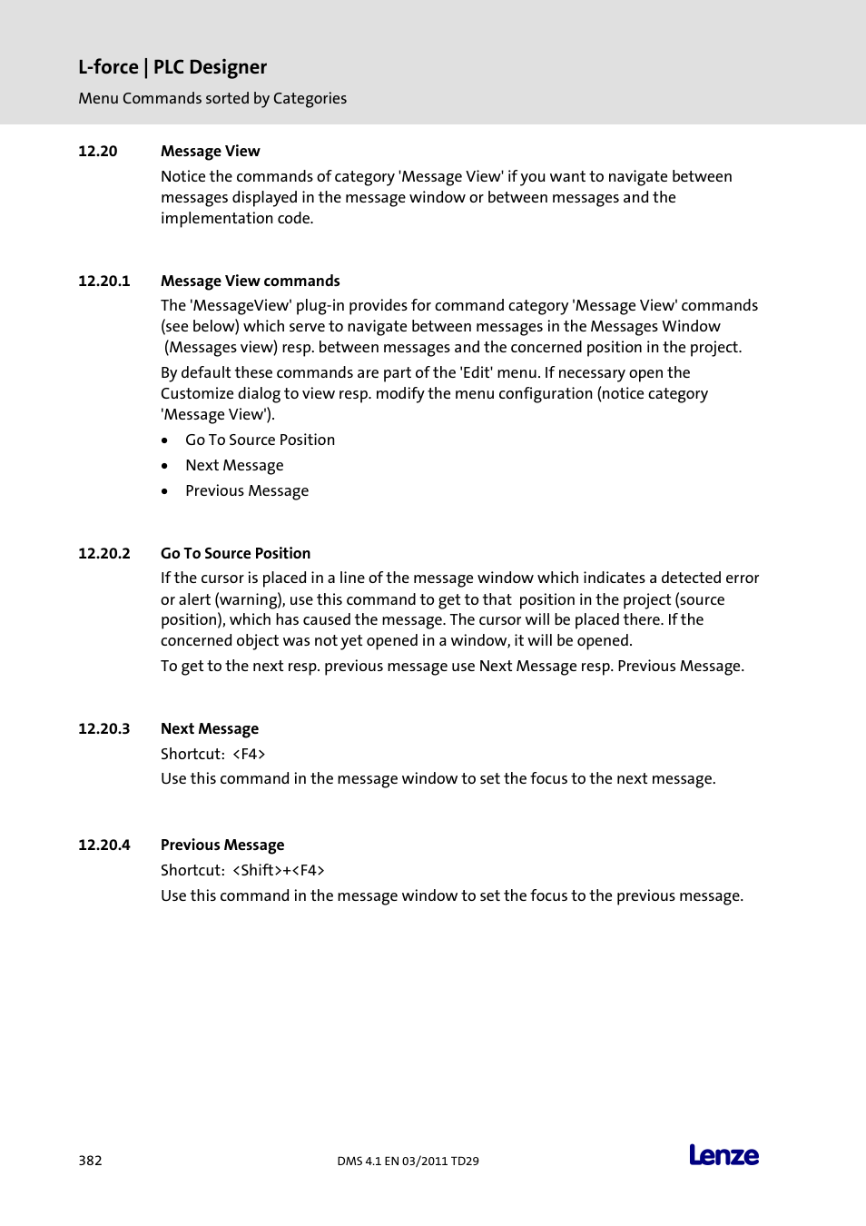Message view, Message view commands, Go to source position | Next message, Previous message, L-force | plc designer | Lenze PLC Designer PLC Designer (R3-1) User Manual | Page 384 / 1170