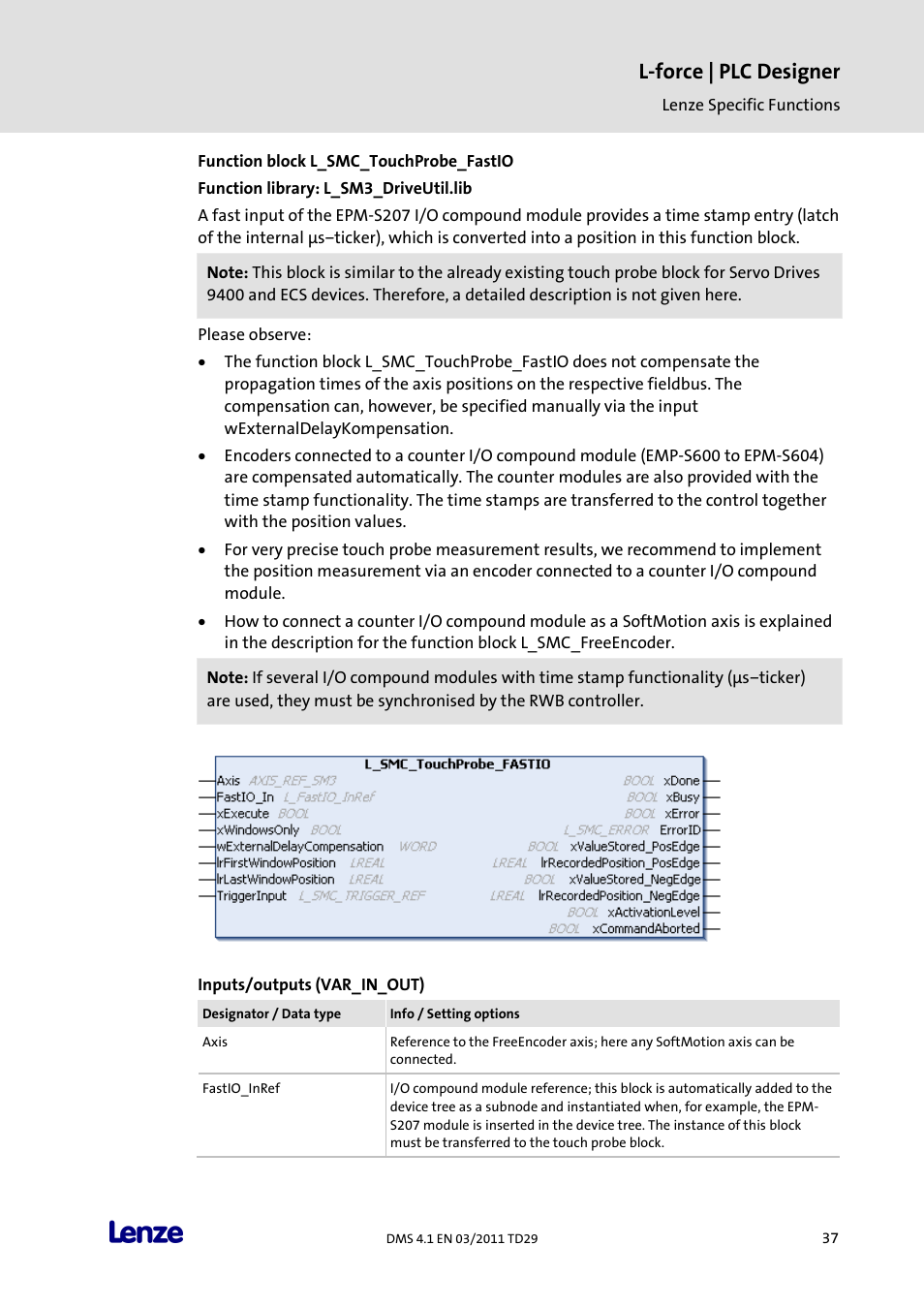 Function block l_smc_touchprobe_fastio, L-force | plc designer | Lenze PLC Designer PLC Designer (R3-1) User Manual | Page 39 / 1170