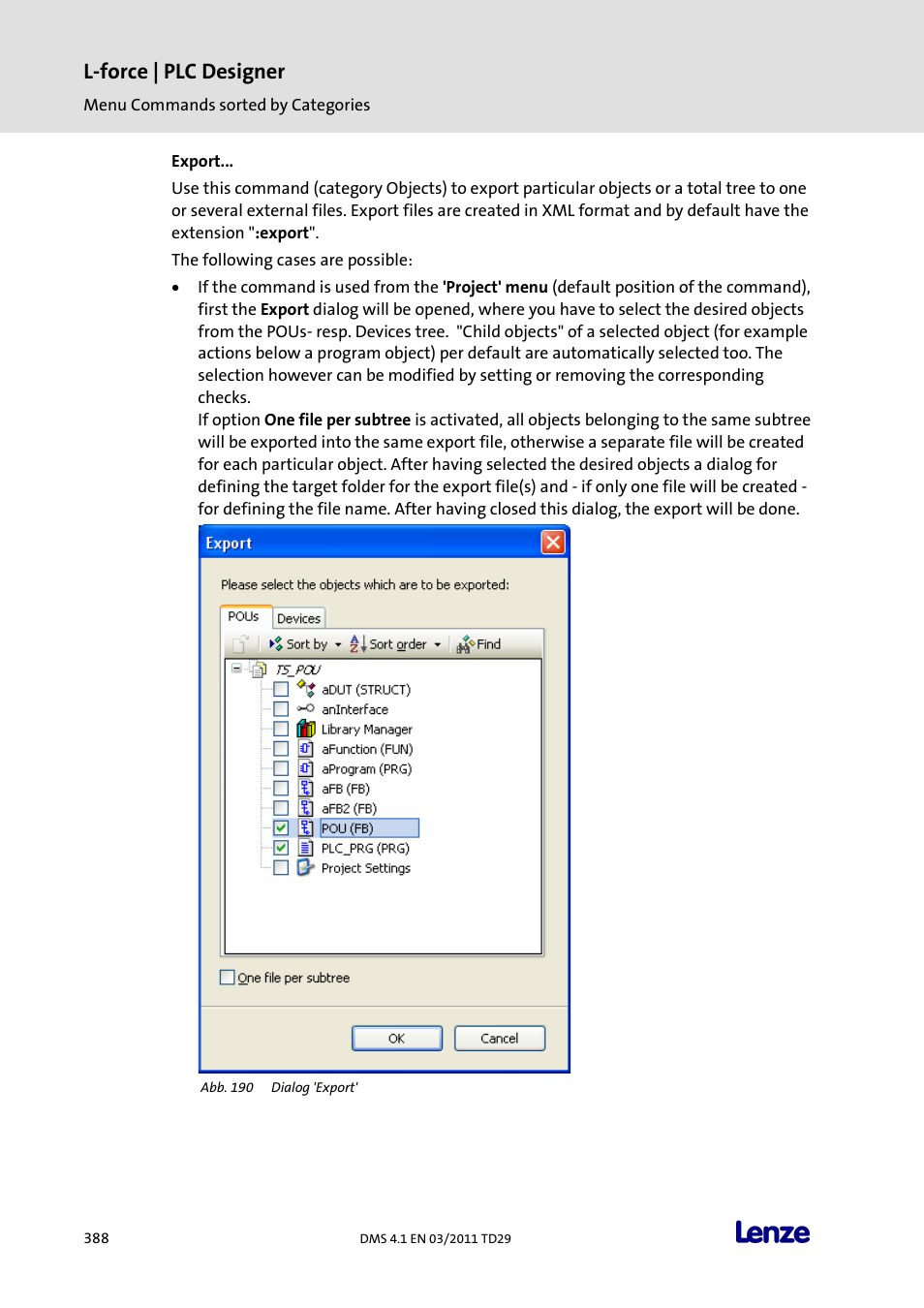 Export, L-force | plc designer | Lenze PLC Designer PLC Designer (R3-1) User Manual | Page 390 / 1170