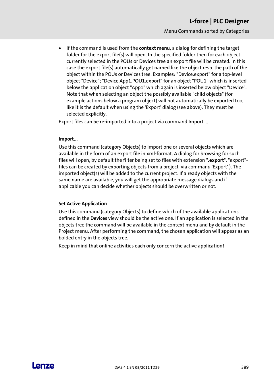 Import, Set active application, L-force | plc designer | Lenze PLC Designer PLC Designer (R3-1) User Manual | Page 391 / 1170