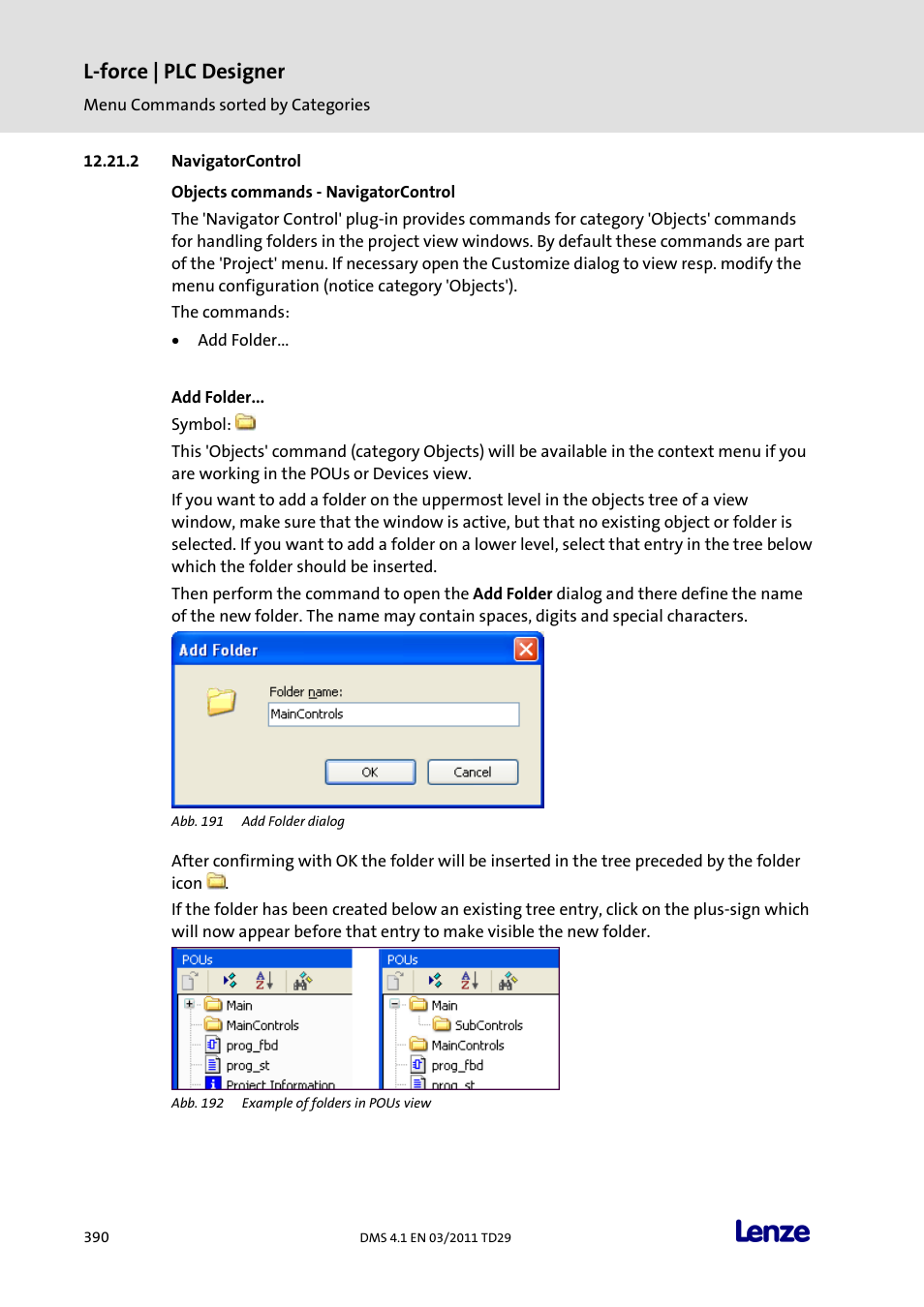 Navigatorcontrol, Objects commands - navigatorcontrol, Add folder | L-force | plc designer | Lenze PLC Designer PLC Designer (R3-1) User Manual | Page 392 / 1170