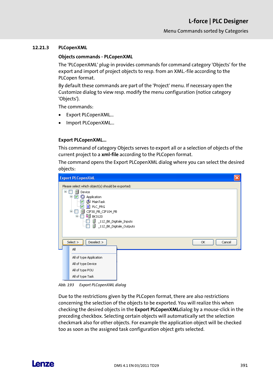 Plcopenxml, Objects commands - plcopenxml, Export plcopenxml | L-force | plc designer | Lenze PLC Designer PLC Designer (R3-1) User Manual | Page 393 / 1170