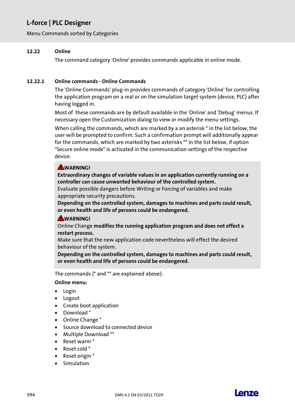 Online, Online commands - online commands, L-force | plc designer | Lenze PLC Designer PLC Designer (R3-1) User Manual | Page 396 / 1170