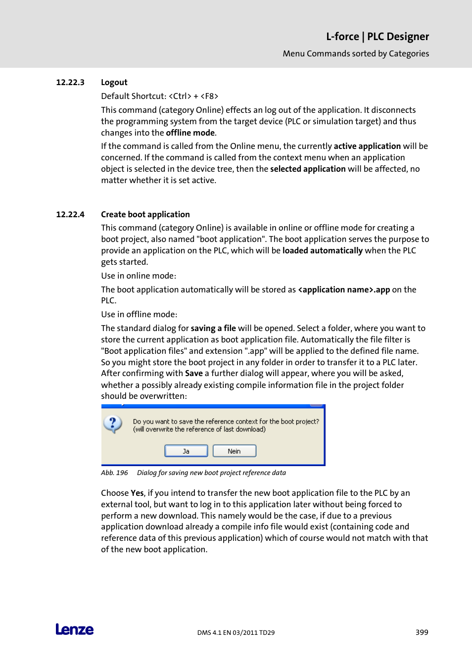 Logout, Create boot application, L-force | plc designer | Lenze PLC Designer PLC Designer (R3-1) User Manual | Page 401 / 1170