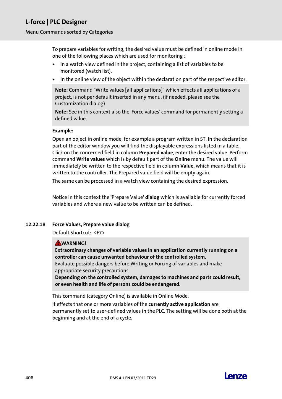 Force values, prepare value dialog, L-force | plc designer | Lenze PLC Designer PLC Designer (R3-1) User Manual | Page 410 / 1170