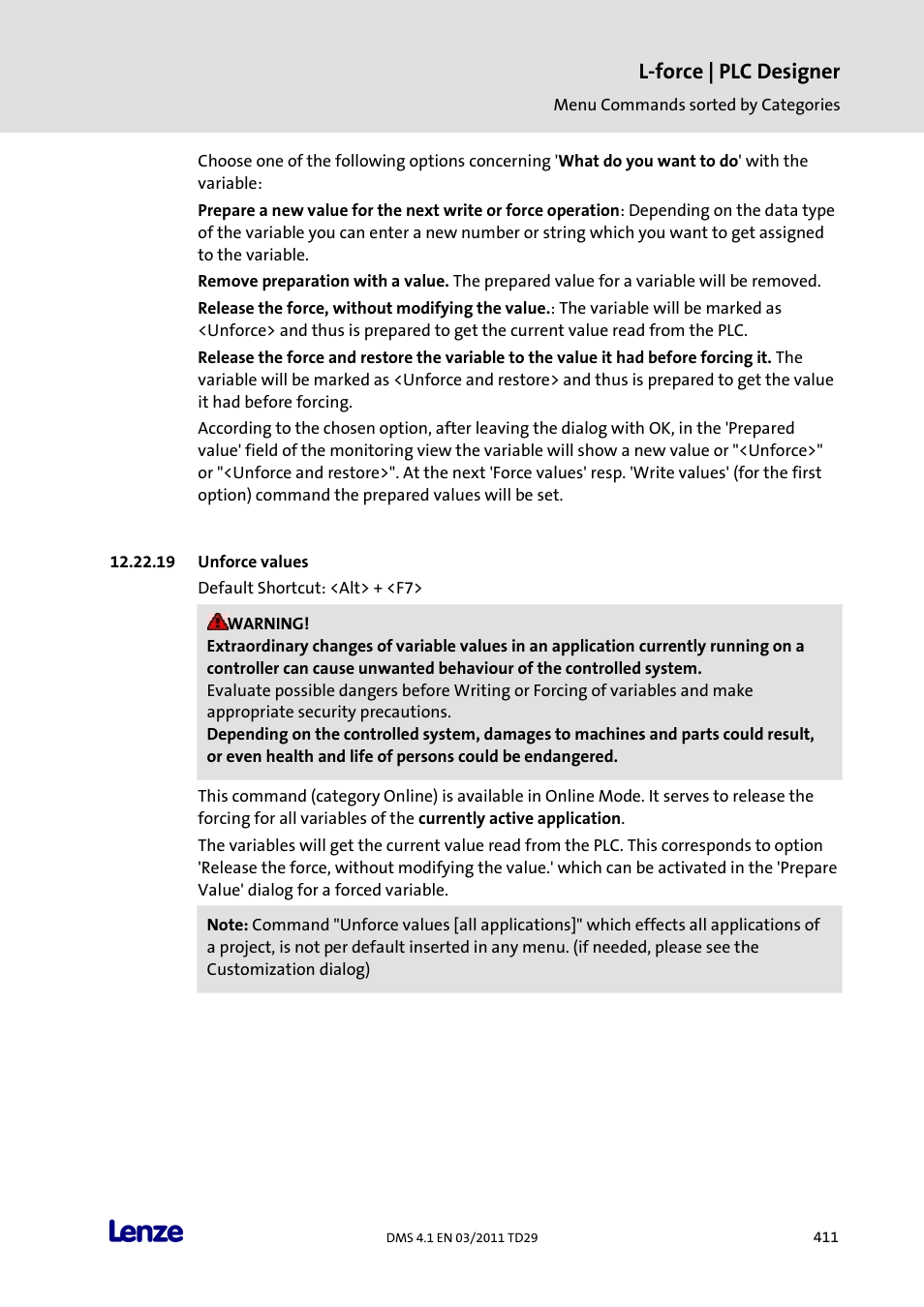 Unforce values, L-force | plc designer | Lenze PLC Designer PLC Designer (R3-1) User Manual | Page 413 / 1170