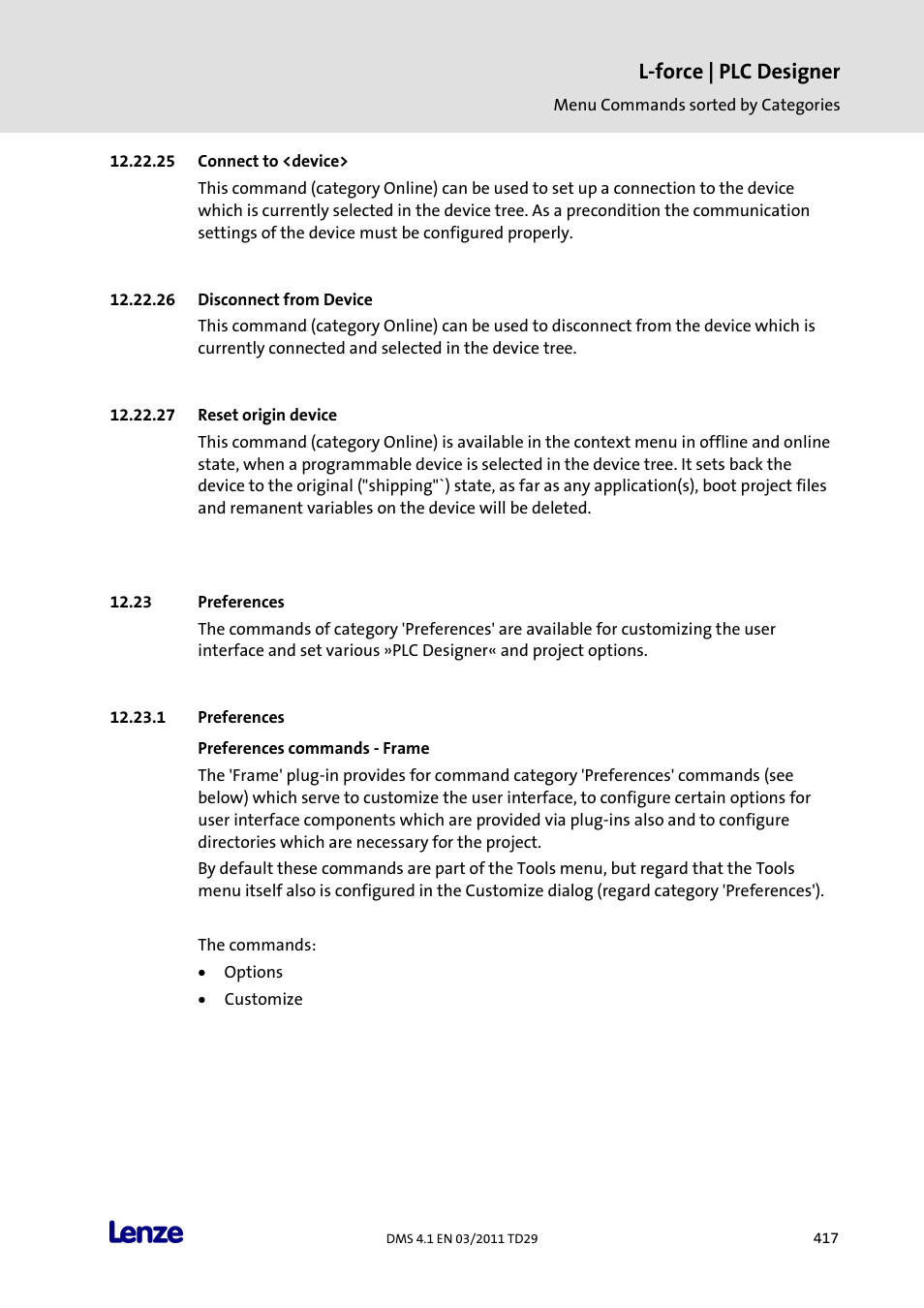 Connect to <device, Disconnect from device, Reset origin device | Preferences, Preferences commands - frame, L-force | plc designer | Lenze PLC Designer PLC Designer (R3-1) User Manual | Page 419 / 1170