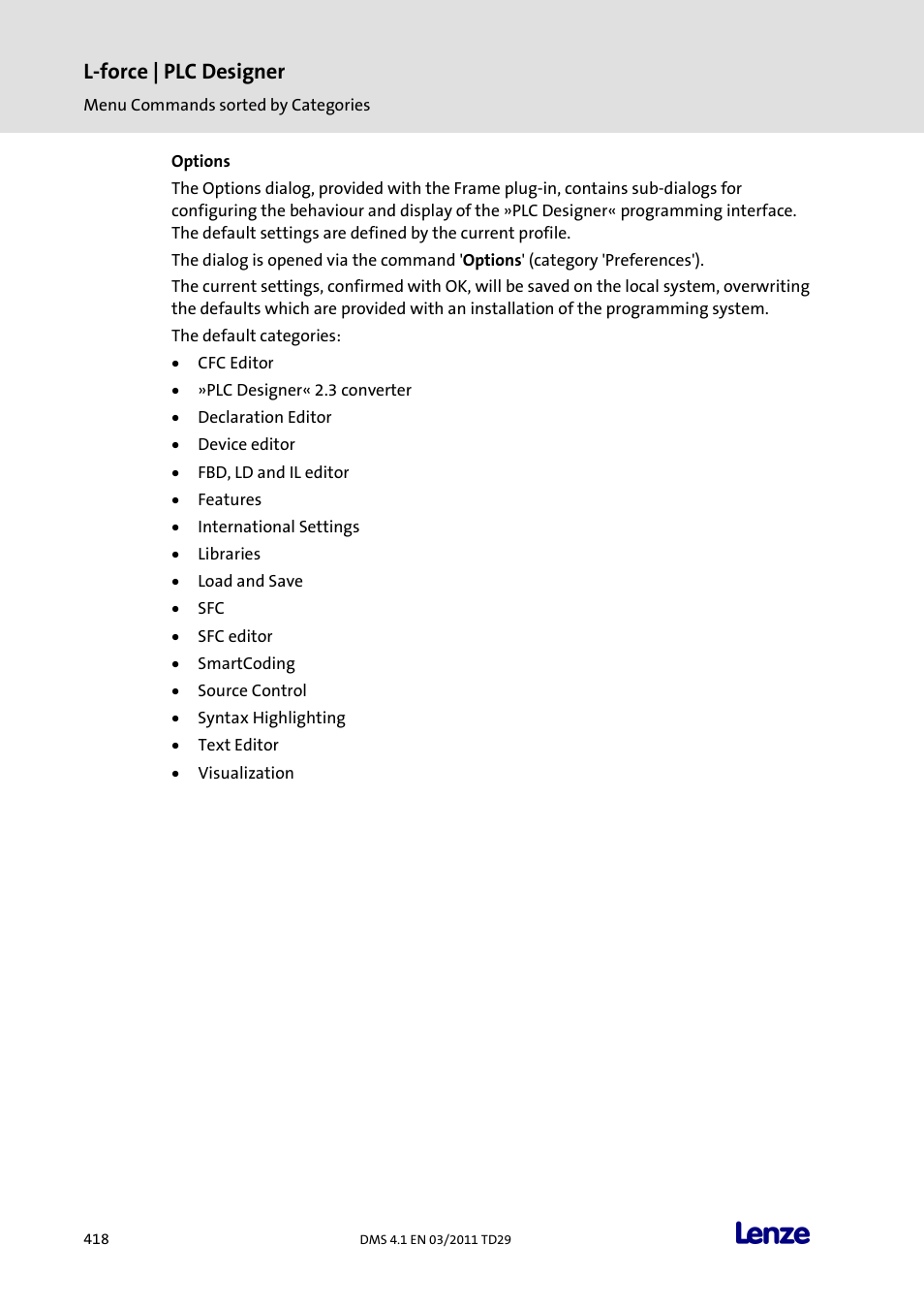 Options, L-force | plc designer | Lenze PLC Designer PLC Designer (R3-1) User Manual | Page 420 / 1170