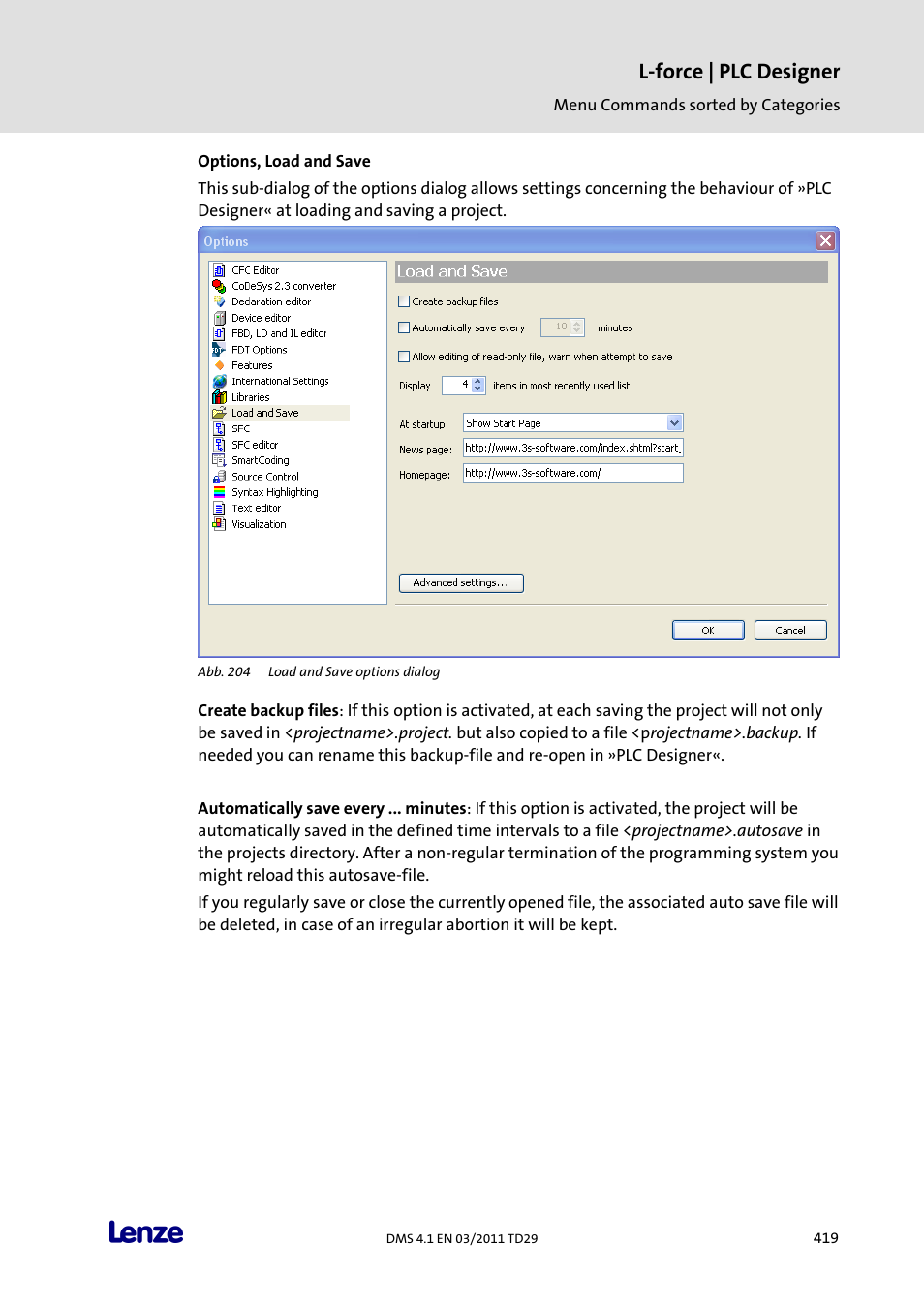 Options, load and save, L-force | plc designer | Lenze PLC Designer PLC Designer (R3-1) User Manual | Page 421 / 1170