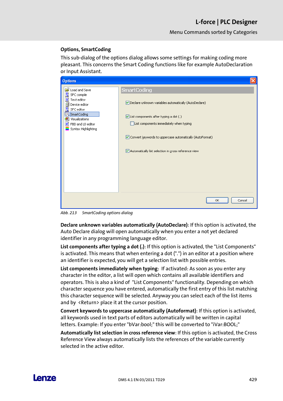 Options, smartcoding, L-force | plc designer | Lenze PLC Designer PLC Designer (R3-1) User Manual | Page 431 / 1170