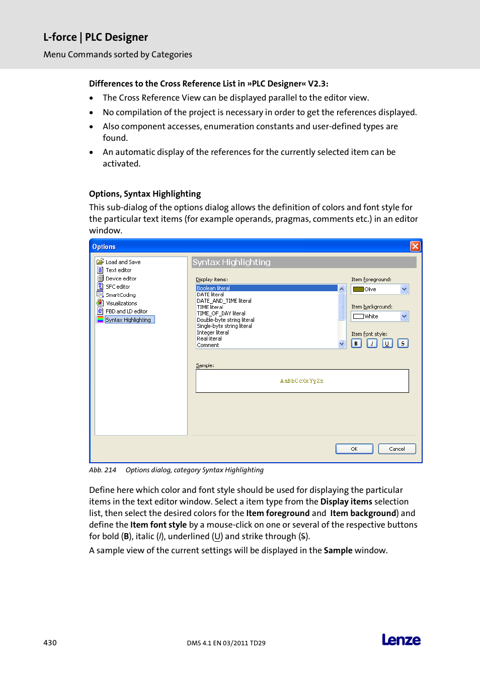 Options, syntax highlighting, L-force | plc designer | Lenze PLC Designer PLC Designer (R3-1) User Manual | Page 432 / 1170