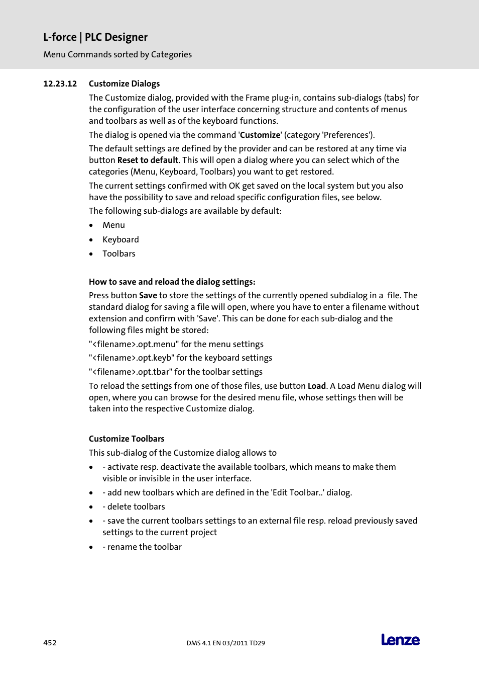 Customize dialogs, Customize toolbars, L-force | plc designer | Lenze PLC Designer PLC Designer (R3-1) User Manual | Page 454 / 1170