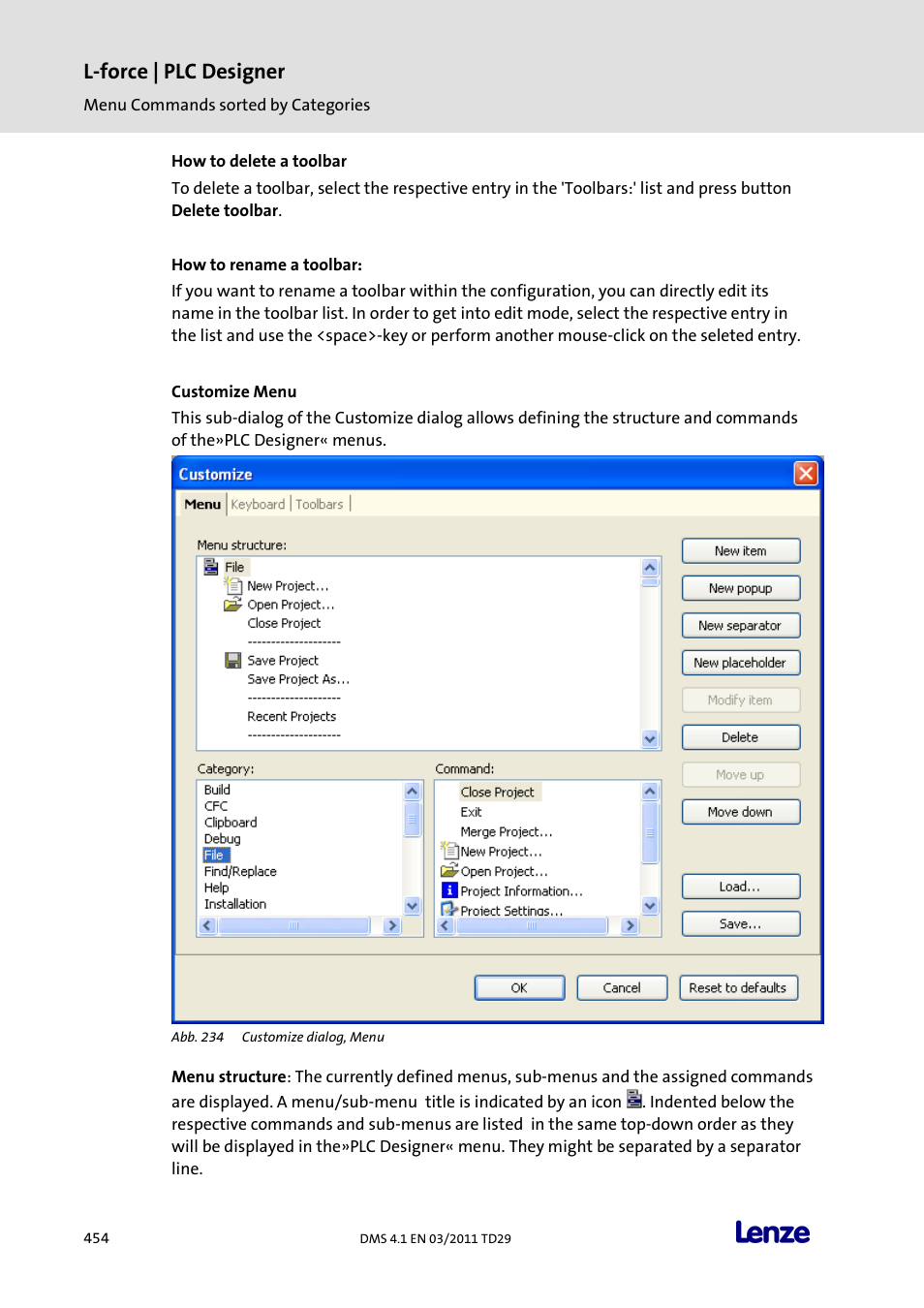 Customize menu, L-force | plc designer | Lenze PLC Designer PLC Designer (R3-1) User Manual | Page 456 / 1170