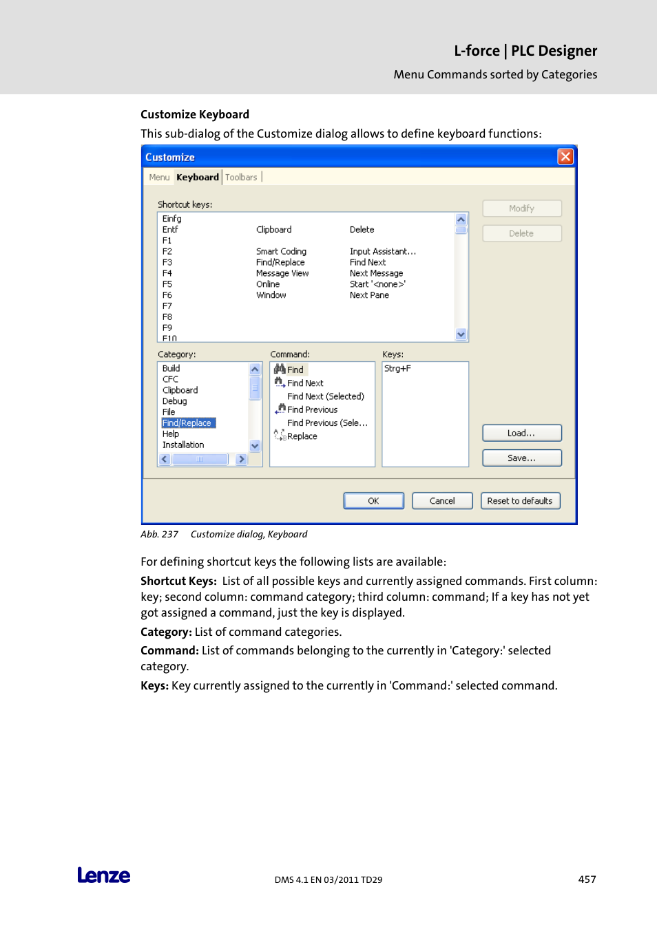 Customize keyboard, L-force | plc designer | Lenze PLC Designer PLC Designer (R3-1) User Manual | Page 459 / 1170