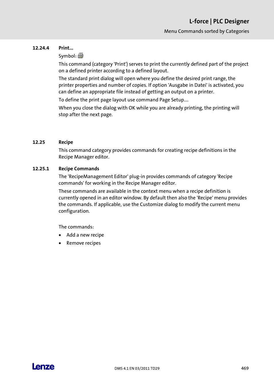 Print, Recipe, Recipe commands | L-force | plc designer | Lenze PLC Designer PLC Designer (R3-1) User Manual | Page 471 / 1170