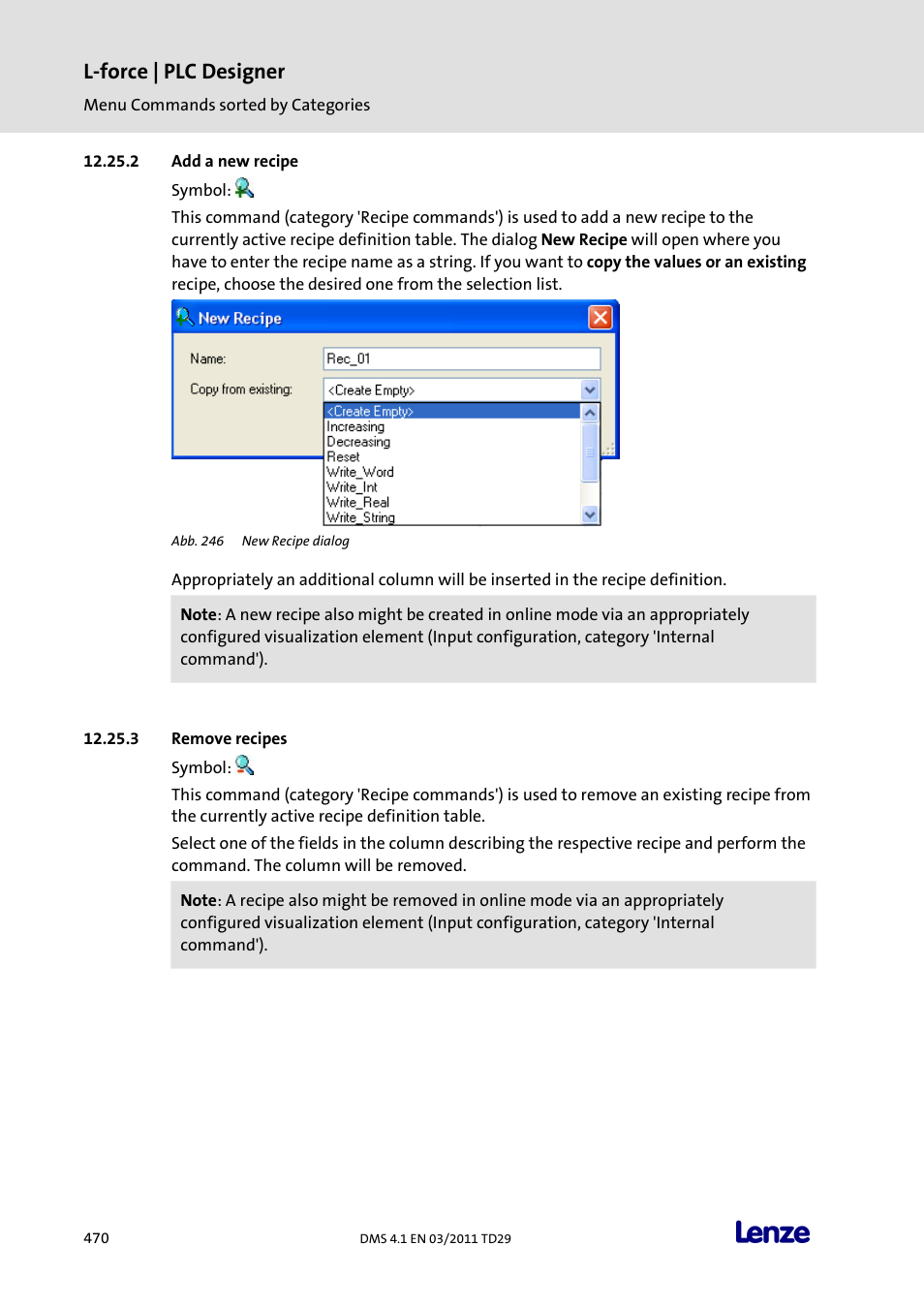 Add a new recipe, Remove recipes, L-force | plc designer | Lenze PLC Designer PLC Designer (R3-1) User Manual | Page 472 / 1170