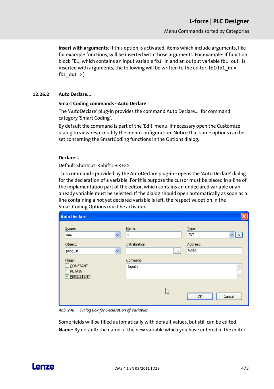 Auto declare, Smart coding commands - auto declare, Declare | L-force | plc designer | Lenze PLC Designer PLC Designer (R3-1) User Manual | Page 475 / 1170