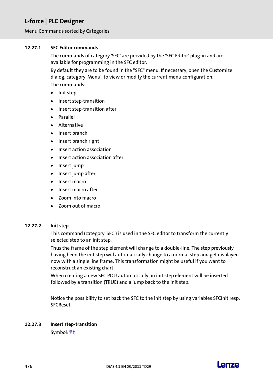 Sfc editor commands, Init step, Insert step-transition | L-force | plc designer | Lenze PLC Designer PLC Designer (R3-1) User Manual | Page 478 / 1170