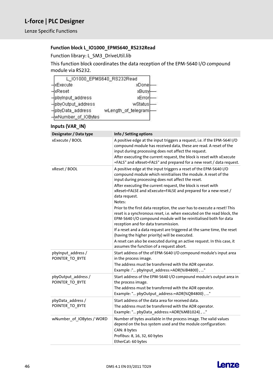 Function block l_io1000_epms640_rs232read, L-force | plc designer | Lenze PLC Designer PLC Designer (R3-1) User Manual | Page 48 / 1170