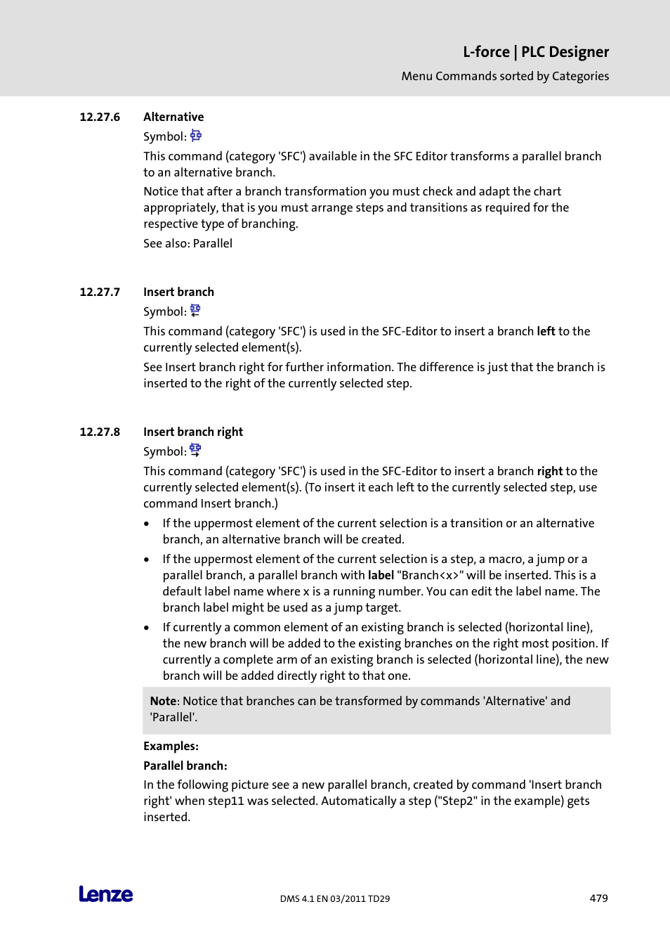 Alternative, Insert branch, Insert branch right | L-force | plc designer | Lenze PLC Designer PLC Designer (R3-1) User Manual | Page 481 / 1170