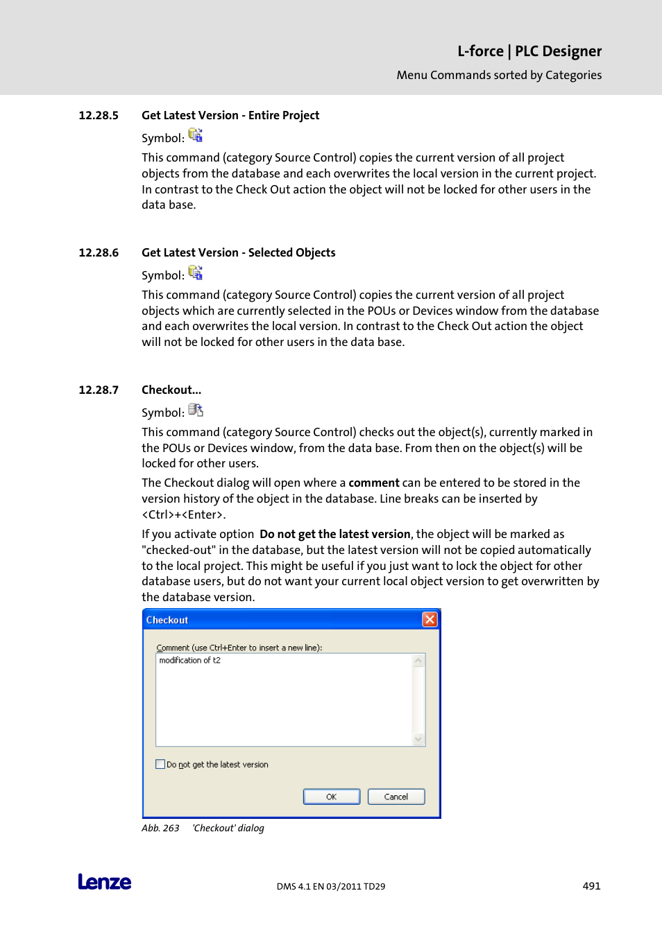 Get latest version - entire project, Get latest version - selected objects, Checkout | L-force | plc designer | Lenze PLC Designer PLC Designer (R3-1) User Manual | Page 493 / 1170