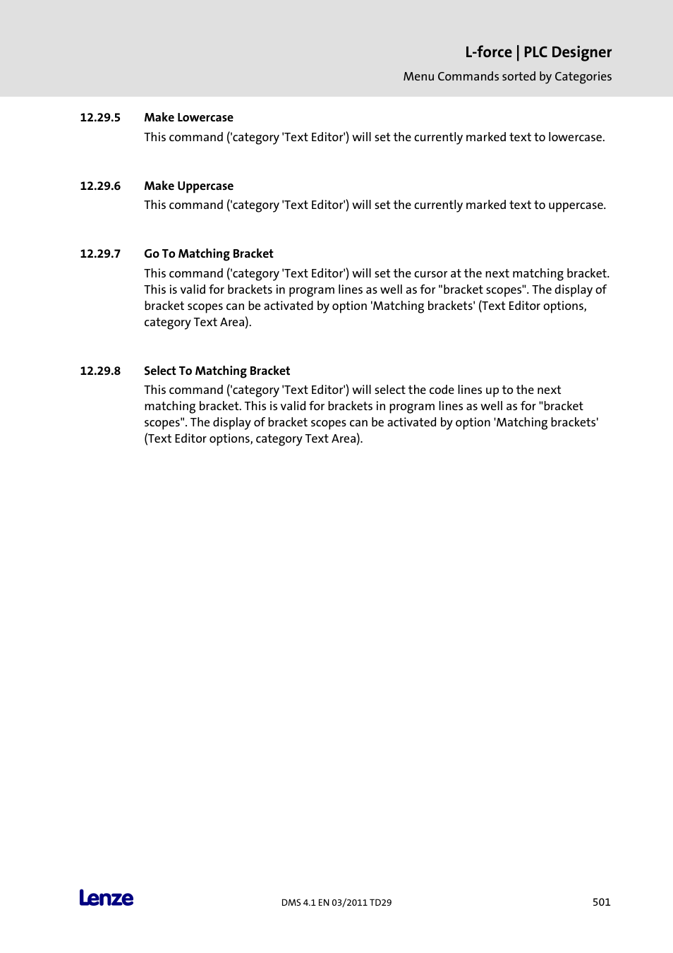 Make lowercase, Make uppercase, Go to matching bracket | Select to matching bracket, L-force | plc designer | Lenze PLC Designer PLC Designer (R3-1) User Manual | Page 503 / 1170
