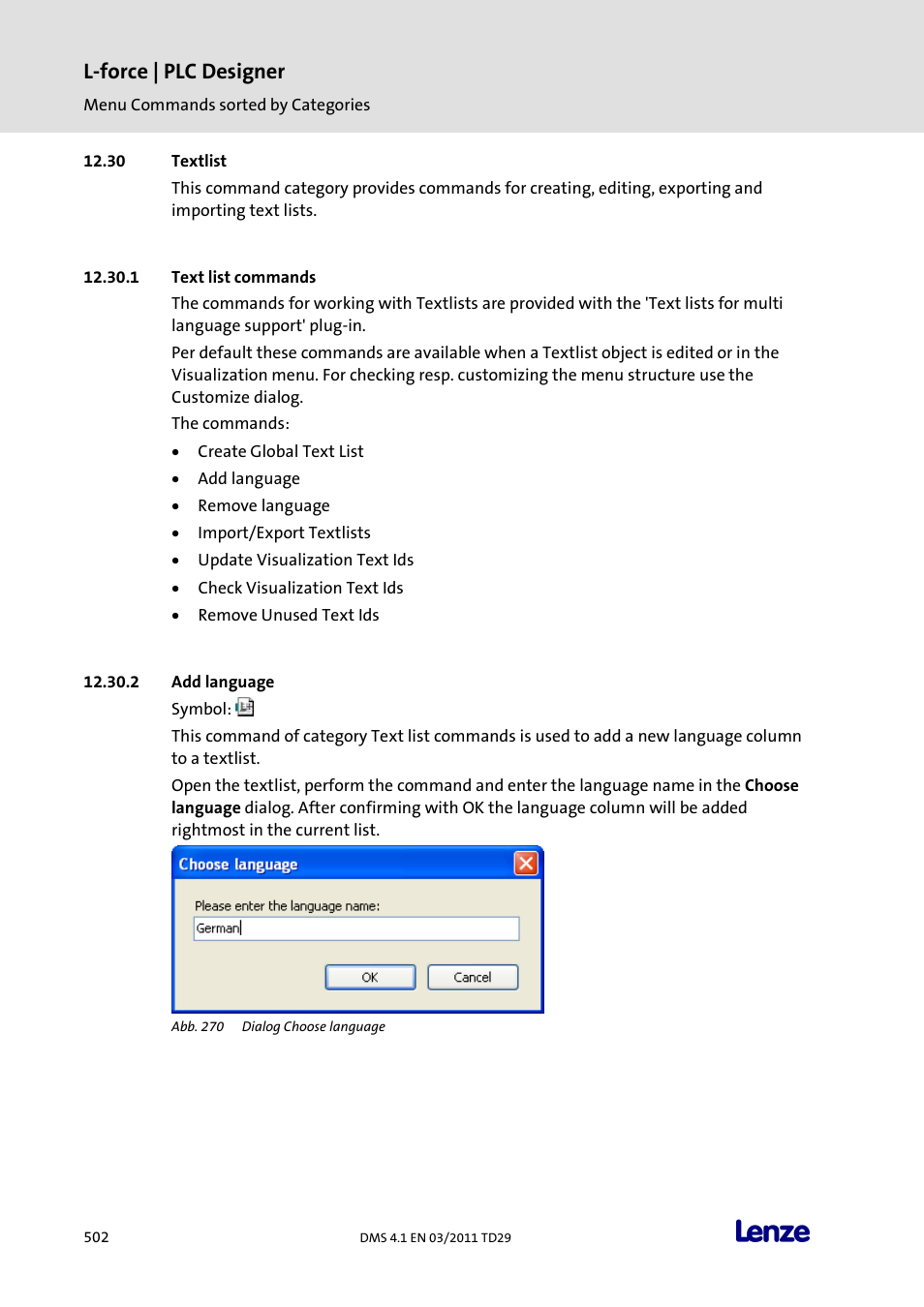 Textlist, Text list commands, Add language | L-force | plc designer | Lenze PLC Designer PLC Designer (R3-1) User Manual | Page 504 / 1170