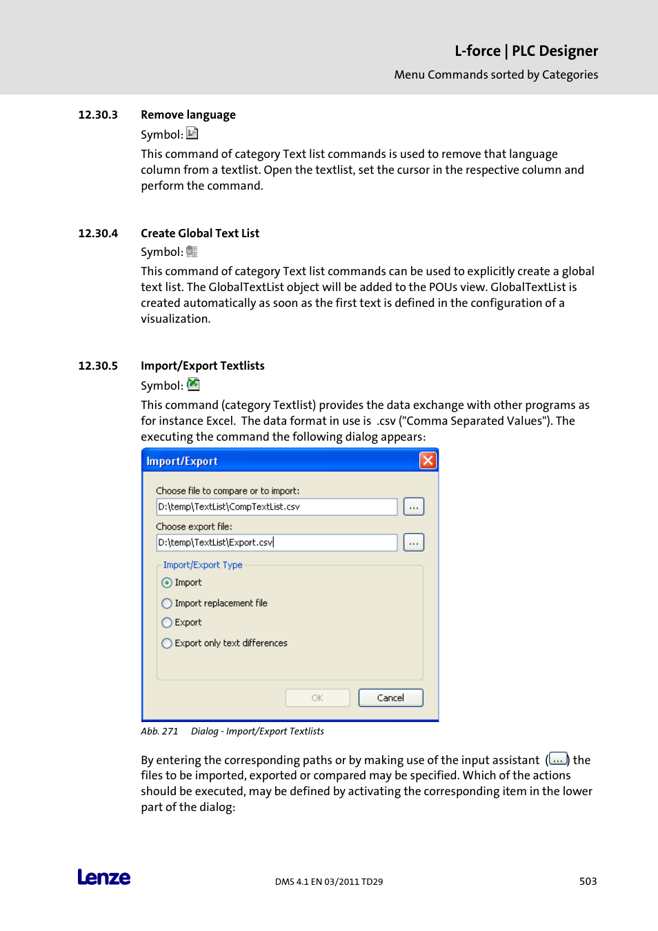 Remove language, Create global text list, Import/export textlists | L-force | plc designer | Lenze PLC Designer PLC Designer (R3-1) User Manual | Page 505 / 1170