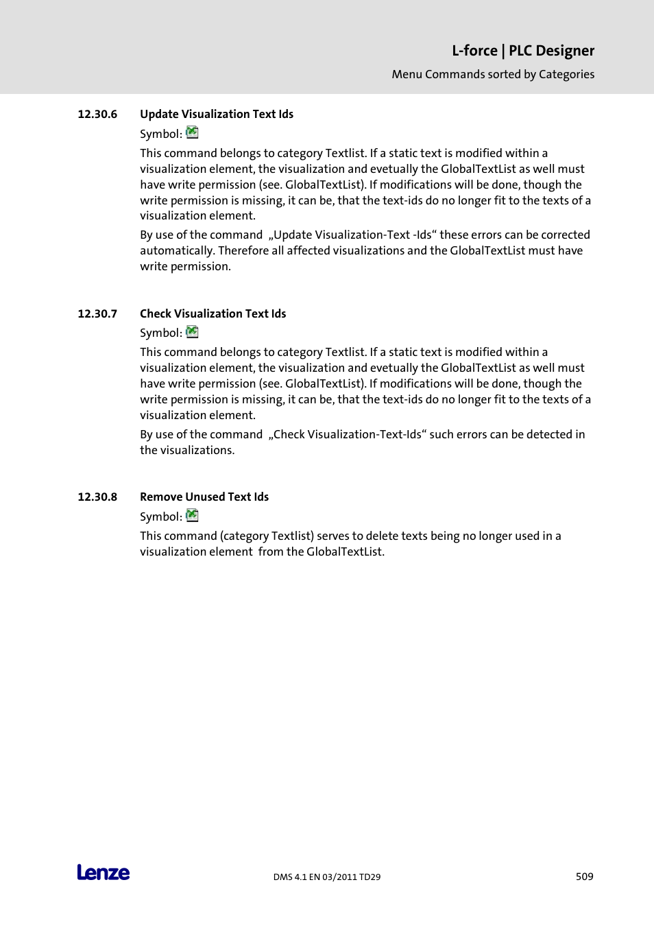 Update visualization text ids, Check visualization text ids, Remove unused text ids | L-force | plc designer | Lenze PLC Designer PLC Designer (R3-1) User Manual | Page 511 / 1170