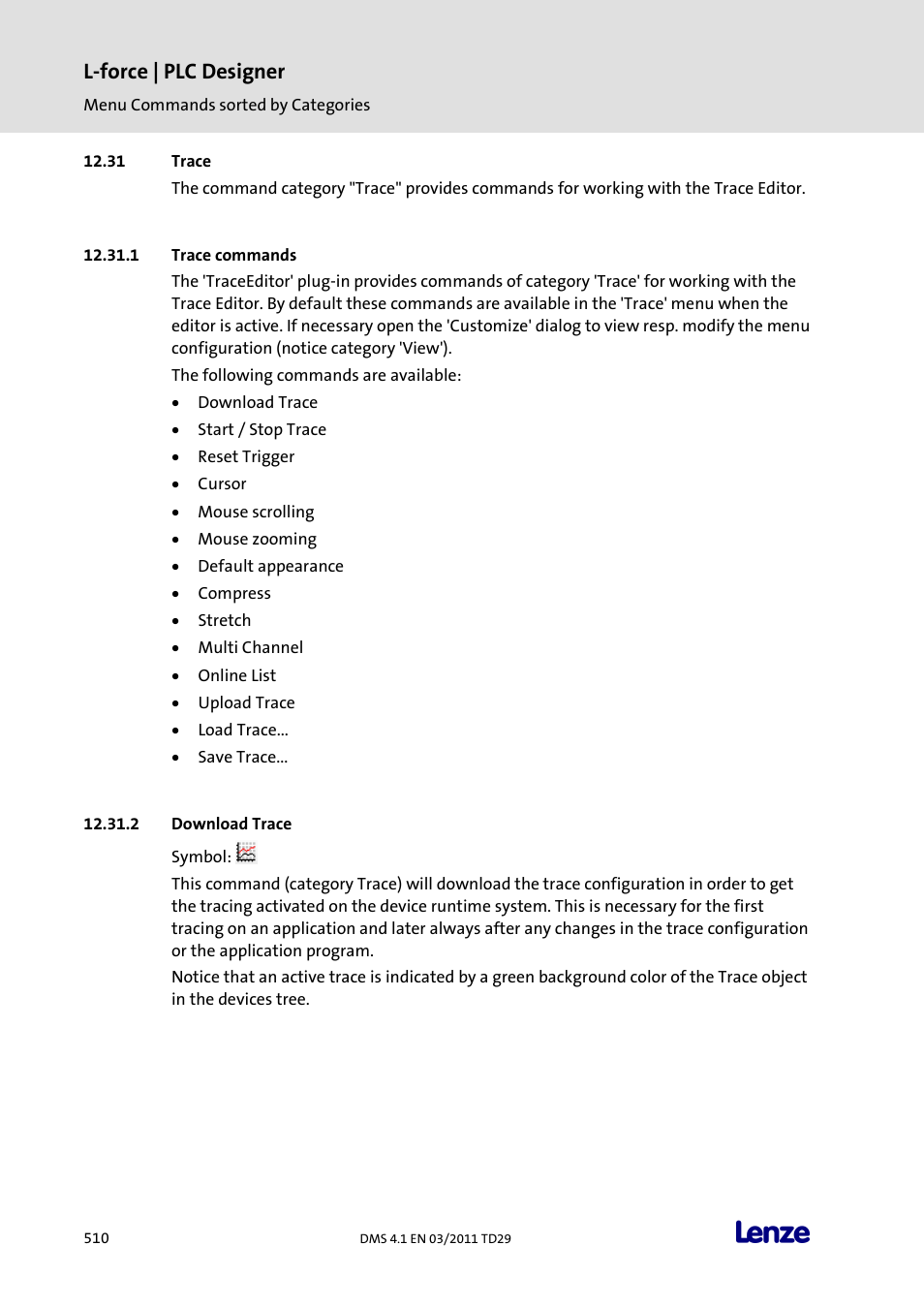 Trace, Trace commands, Download trace | L-force | plc designer | Lenze PLC Designer PLC Designer (R3-1) User Manual | Page 512 / 1170