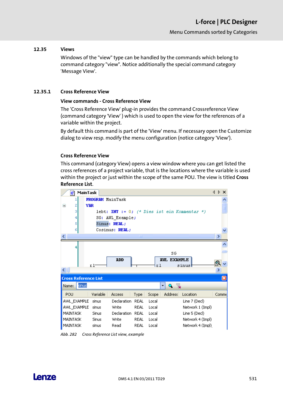 Views, Cross reference view, View commands - cross reference view | L-force | plc designer | Lenze PLC Designer PLC Designer (R3-1) User Manual | Page 533 / 1170