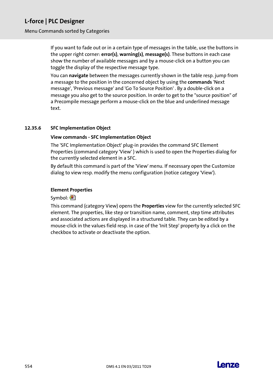 Sfc implementation object, View commands - sfc implementation object, Element properties | L-force | plc designer | Lenze PLC Designer PLC Designer (R3-1) User Manual | Page 556 / 1170