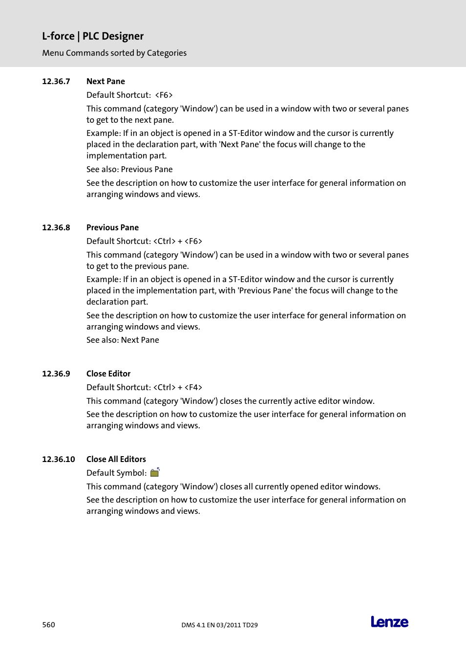 Next pane, Previous pane, Close editor | Close all editors, L-force | plc designer | Lenze PLC Designer PLC Designer (R3-1) User Manual | Page 562 / 1170