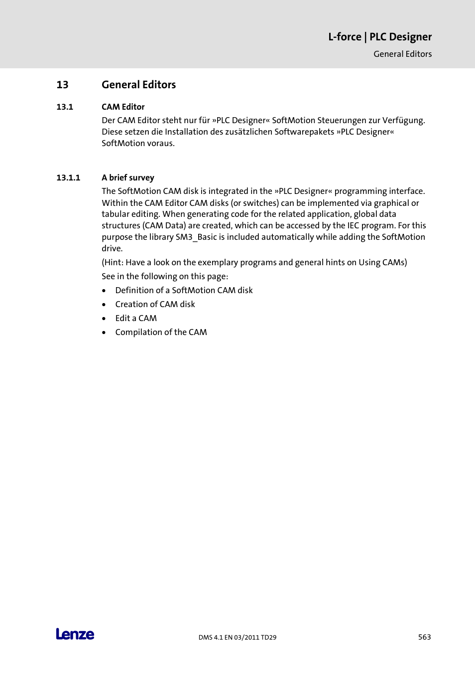 13 general editors, Cam editor, A brief survey | General editors, L-force | plc designer | Lenze PLC Designer PLC Designer (R3-1) User Manual | Page 565 / 1170