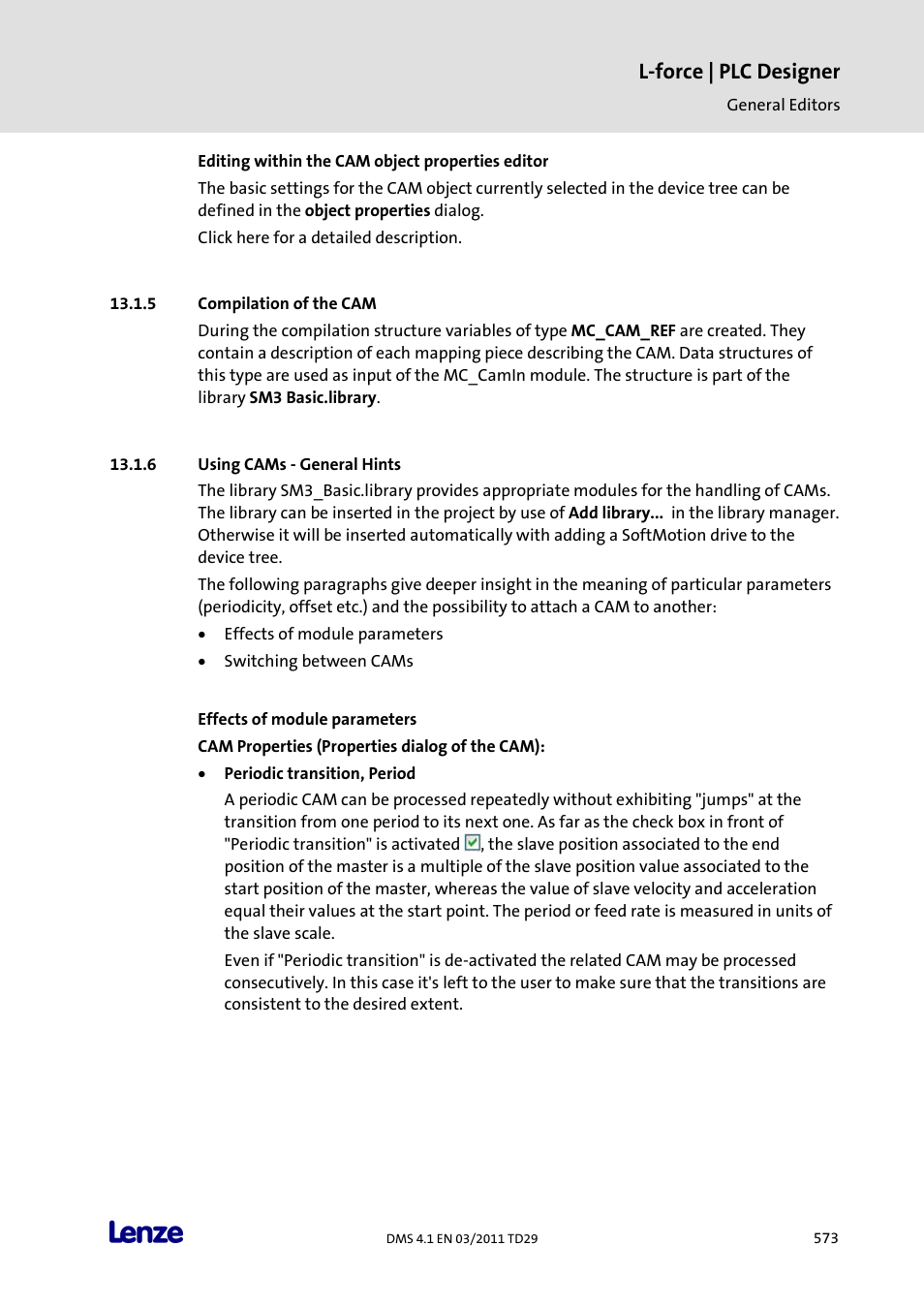 Compilation of the cam, Using cams - general hints, Effects of module parameters | L-force | plc designer | Lenze PLC Designer PLC Designer (R3-1) User Manual | Page 575 / 1170