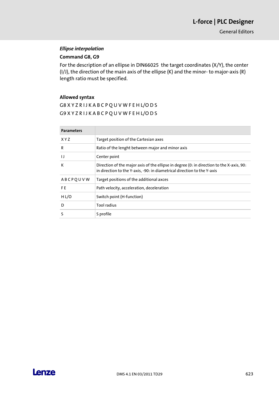 Ellipse interpolation, Allowed syntax, L-force | plc designer | Lenze PLC Designer PLC Designer (R3-1) User Manual | Page 625 / 1170