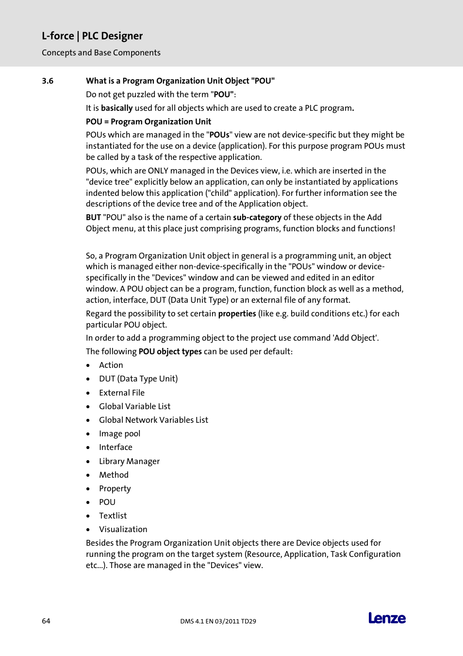 What is a program organization unit object "pou, L-force | plc designer | Lenze PLC Designer PLC Designer (R3-1) User Manual | Page 66 / 1170