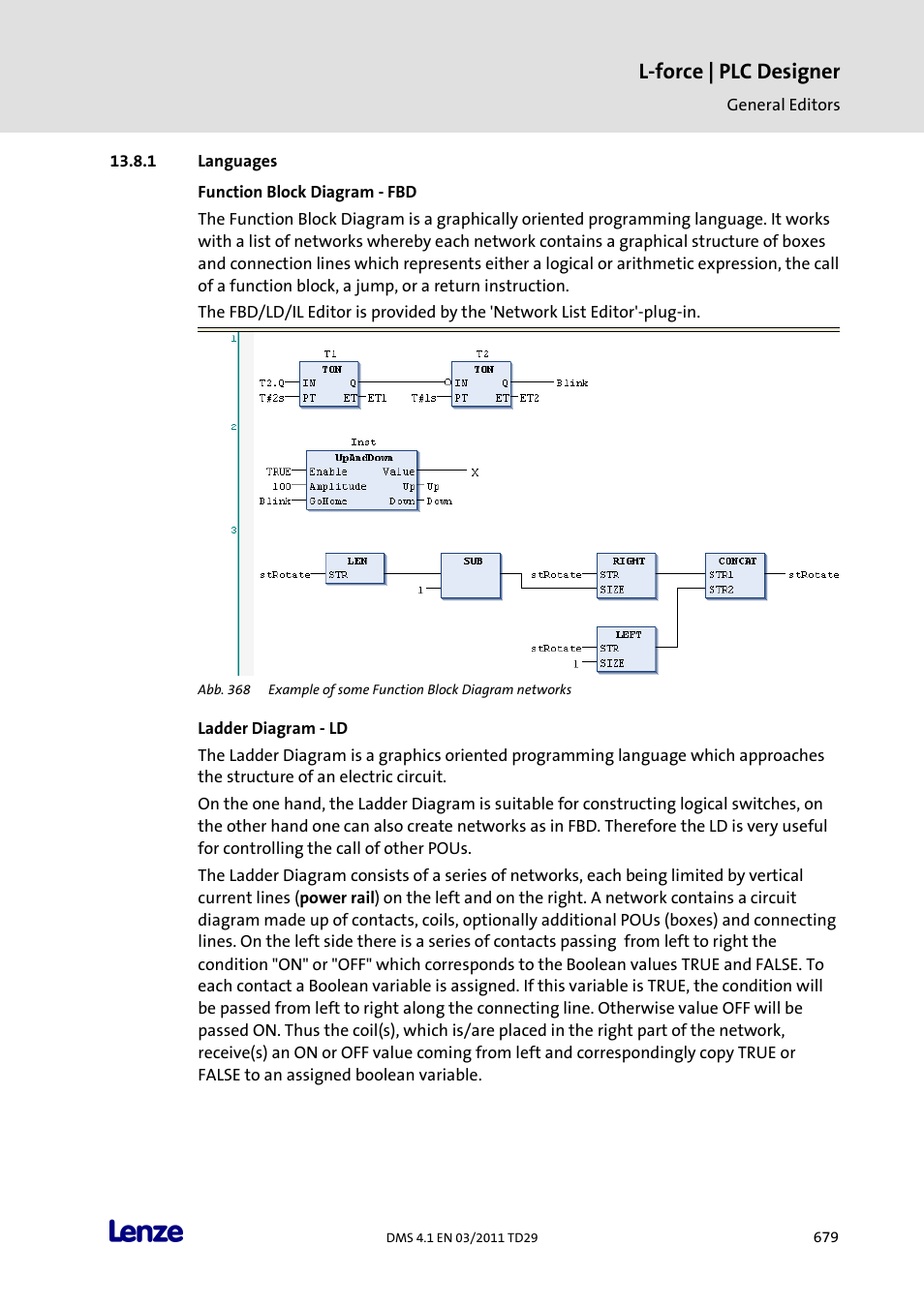 Languages, Function block diagram - fbd, Ladder diagram - ld | L-force | plc designer | Lenze PLC Designer PLC Designer (R3-1) User Manual | Page 681 / 1170