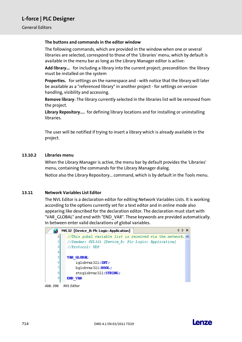 Libraries menu, Network variables list editor, L-force | plc designer | Lenze PLC Designer PLC Designer (R3-1) User Manual | Page 716 / 1170