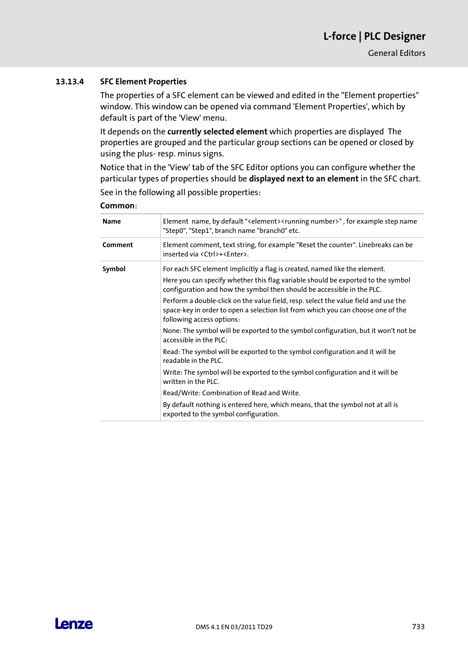 Sfc element properties, L-force | plc designer | Lenze PLC Designer PLC Designer (R3-1) User Manual | Page 735 / 1170