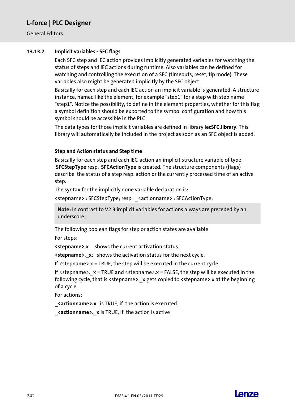 Implicit variables - sfc flags, L-force | plc designer | Lenze PLC Designer PLC Designer (R3-1) User Manual | Page 744 / 1170