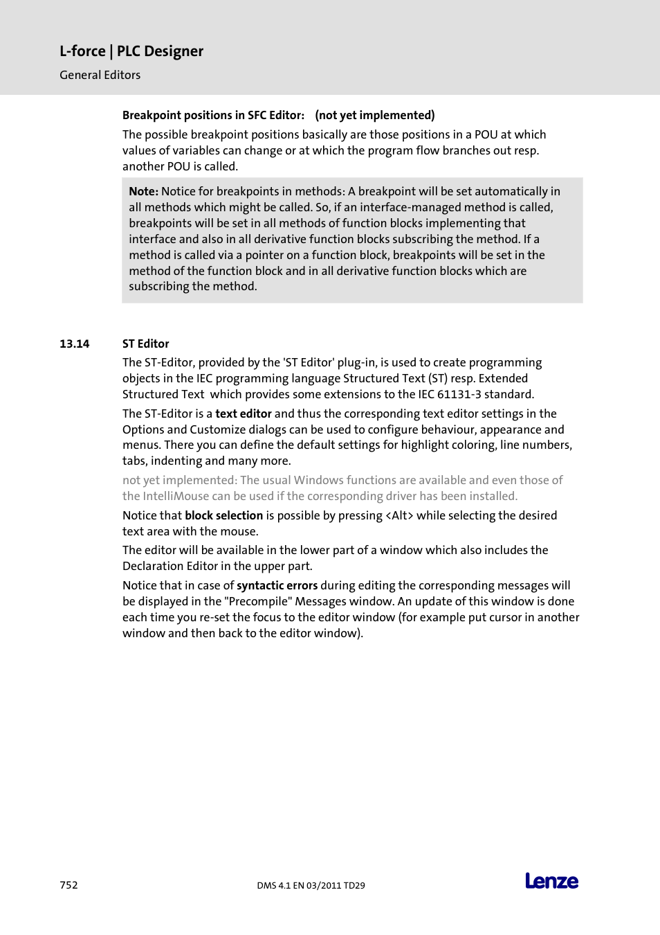 St editor, L-force | plc designer | Lenze PLC Designer PLC Designer (R3-1) User Manual | Page 754 / 1170