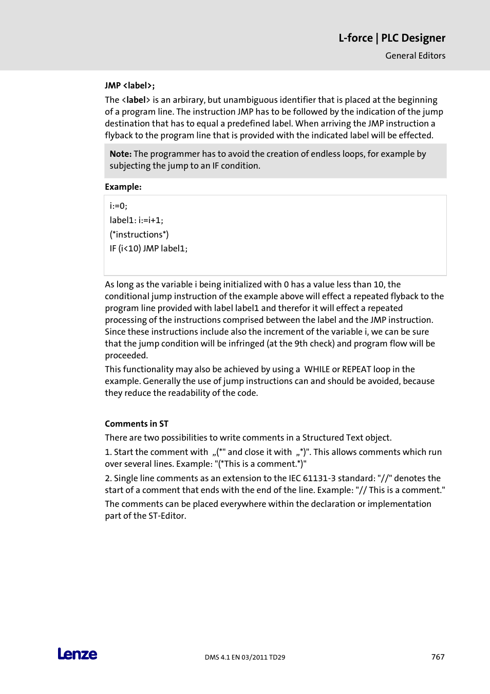 Comments in st, L-force | plc designer | Lenze PLC Designer PLC Designer (R3-1) User Manual | Page 769 / 1170