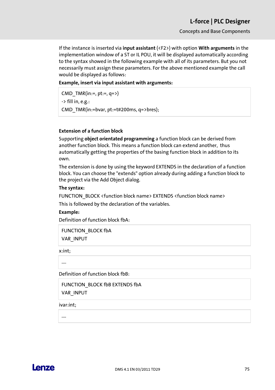 Extension of a function block, L-force | plc designer | Lenze PLC Designer PLC Designer (R3-1) User Manual | Page 77 / 1170