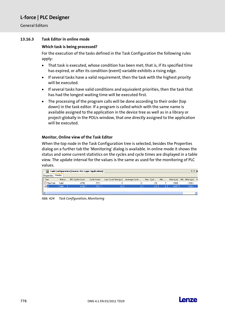 Task editor in online mode, Which task is being processed, Monitor, online view of the task editor | L-force | plc designer | Lenze PLC Designer PLC Designer (R3-1) User Manual | Page 780 / 1170