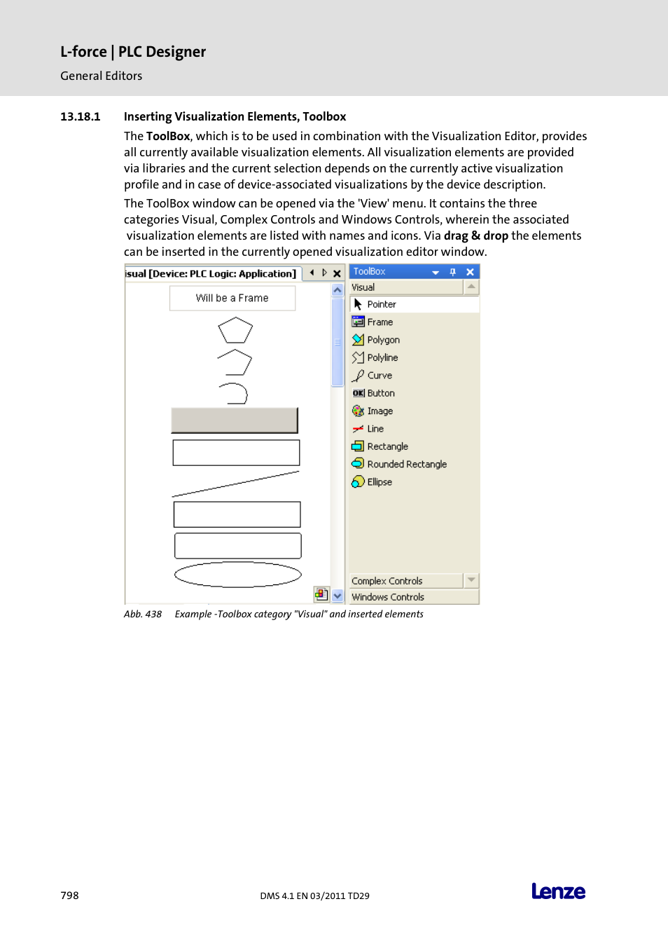 Inserting visualization elements, toolbox, L-force | plc designer | Lenze PLC Designer PLC Designer (R3-1) User Manual | Page 800 / 1170