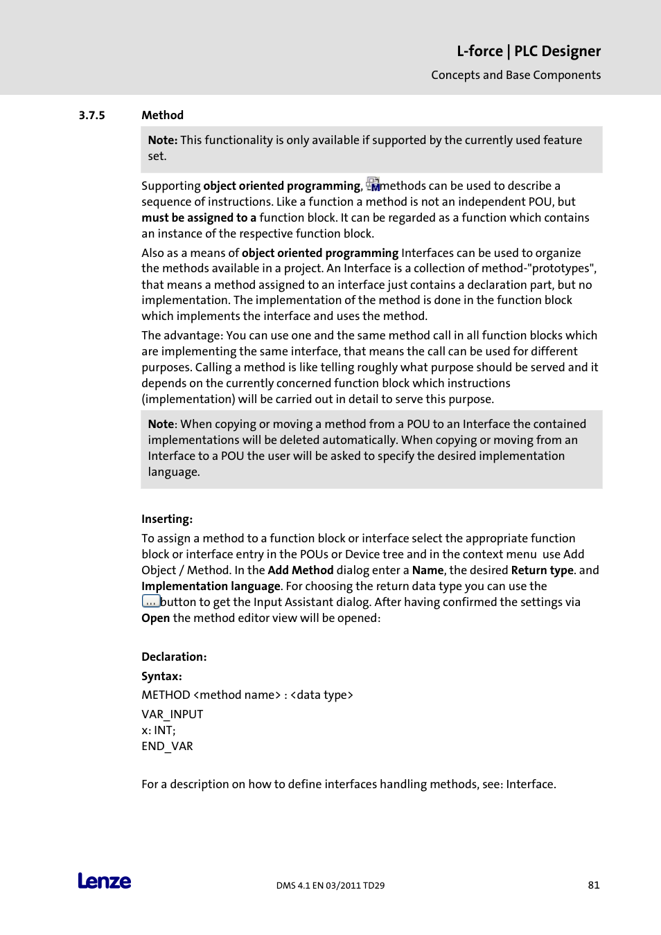 Method, L-force | plc designer | Lenze PLC Designer PLC Designer (R3-1) User Manual | Page 83 / 1170